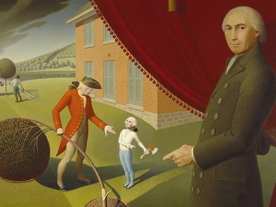 Parson Weems’ Fable by Grant Wood, depicting Parson Weems and his famous story of George Washington and the cherry tree.
