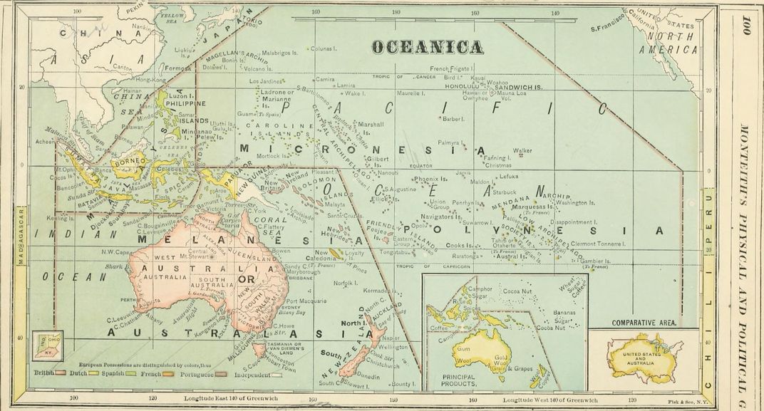 An 1875 map of Oceania, a region spanning Australasia, Melanesia, Micronesia and Polynesia