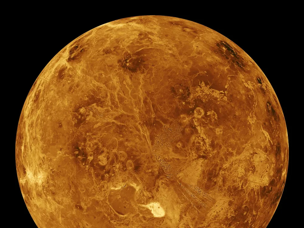 Computer simulated global view of Venus' northern hemisphere